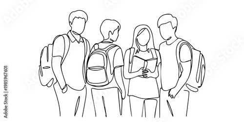 Continuous one line drawing of group of students standing and talking together, social connection in academic environment, student standing with backpack on her back & holding books in her hand. style