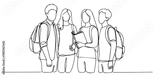 Continuous one line drawing of group of students standing and talking together, social connection in academic environment, student standing with backpack on her back & holding books in her hand. style
