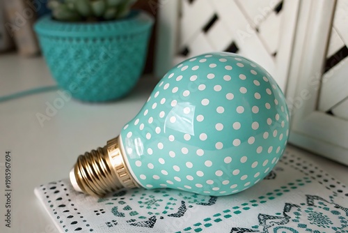 Decorative Teal Light Bulb with White Polka Dots and Gold Base turquoise