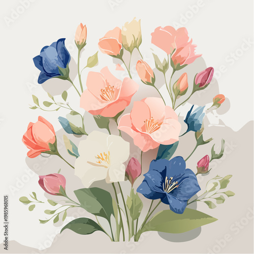 Ein minimalistisches Flat-Lay-Arrangement aus zarten Lisianthus-Blüten in Rosa- und Blautönen