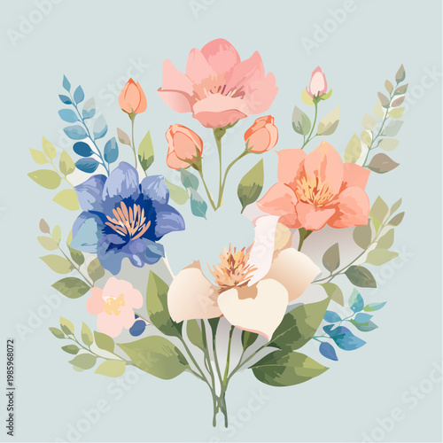 Ein minimalistisches Flat-Lay-Arrangement aus zarten Lisianthus-Blüten in Rosa- und Blautönen
