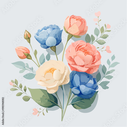 Ein minimalistisches Flat-Lay-Arrangement aus zarten Lisianthus-Blüten in Rosa- und Blautönen