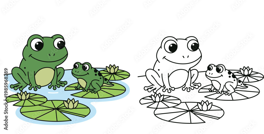 Fototapeta premium Cute Frogs on Lily Pads in Pond Vector Illustration and Coloring Page Outline for Kids Education and Activity Book