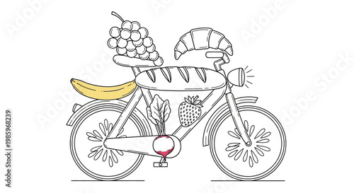 Bicycle with food illustration perfect for healthy eating or culinary concepts