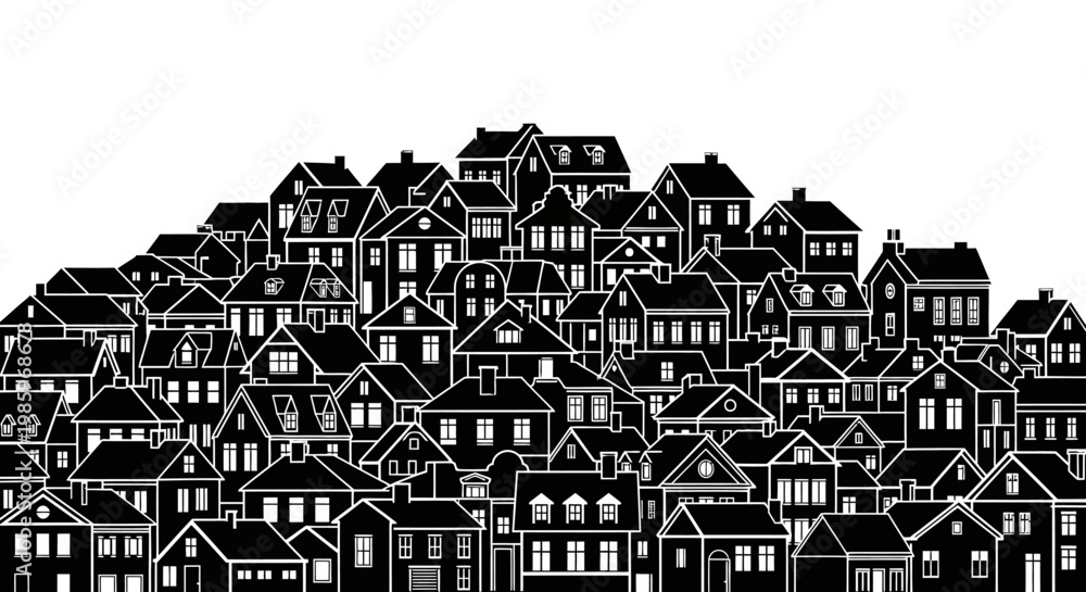 Naklejka premium Black and white illustration of a residential neighborhood or community