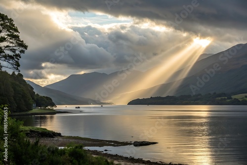 Dramatic sunbeams over a vast lake surrounded by misty mountains light rays god rays