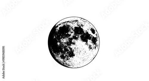 Black and white illustration of the moon isolated on a white background