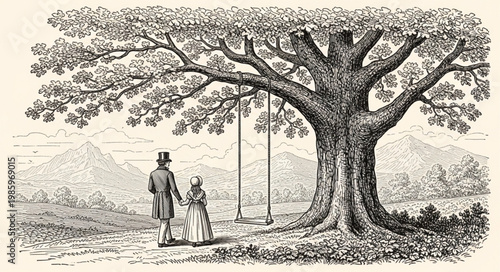 Large mature oak tree with hanging swing.