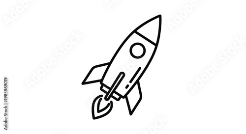 Black and white vector illustration of a rocket ship against white backdrop