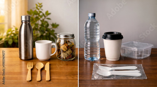 Eco Friendly vs Plastic Lifestyle Comparison Split Image on Wooden Table