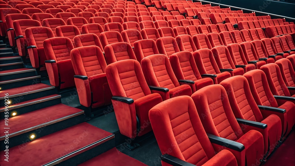 Fototapeta premium Empty red velvet theater seats in rows with illuminated stairs cinema chairs