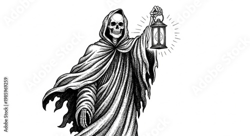 Hooded Grim Reaper Skeleton Holding Lantern And Cloak.