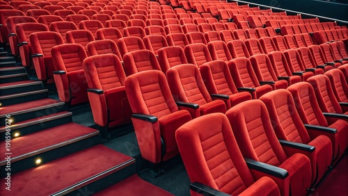 Empty red velvet theater seats in rows with illuminated stairs cinema chairs