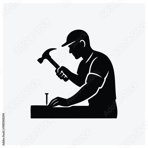 Minimal silhouette of a worker using a hammer and tools, representing a carpenter or craftsman.
