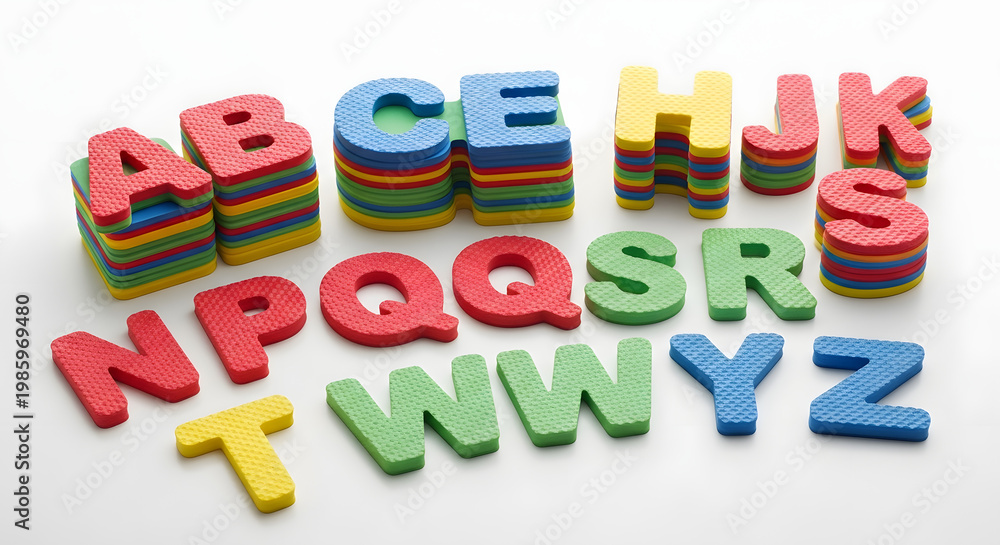 Fototapeta premium A colorful arrangement of foam alphabet letters on a white background