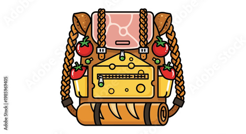 Cartoon backpack with bread cheese tomatoes and braids on white backdrop