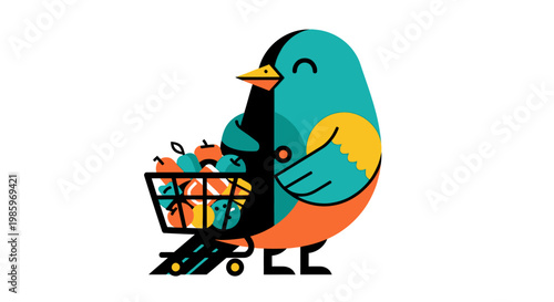 Cartoon bird with shopping cart full of fruits vibrant colors flat design