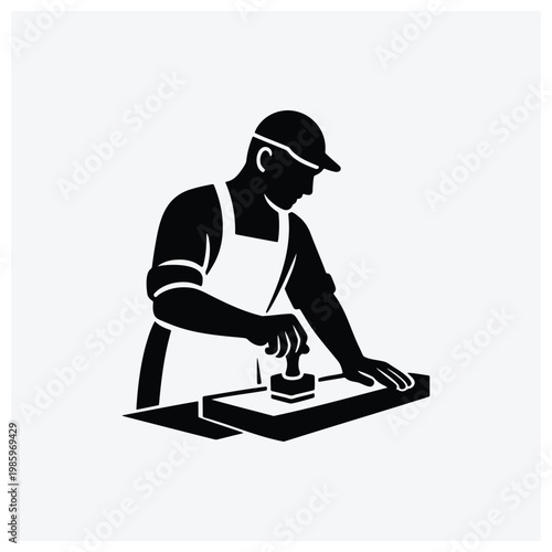 Minimal silhouette of a craftsman or worker using tools to shape an object.