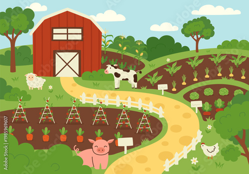 A fun rural scene with a farm, barn, animals, and vegetable garden. Perfect for children's books, posters, and educational materials.