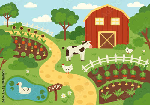 A rural scene with a farm, barn, animals, and vegetable garden. Perfect for children's books, posters, and educational materials.