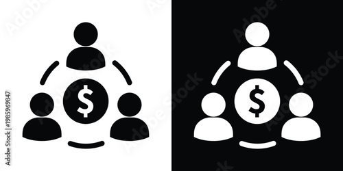 Creative icon design of people arranged in a circular network around a central dollar symbol, representing crowdfunding, profit sharing, financial networking, and global markets.