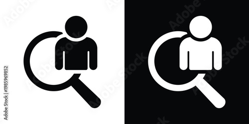 Clean graphic showing a person silhouette behind a magnifying glass, depicting recruitment, headhunting, talent search, HR screening, and individual user identification concepts.