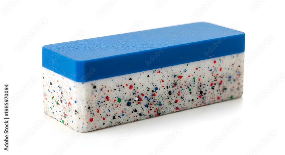 Obraz premium A colorful eraser with a blue top and multicolored speckles on a white background
