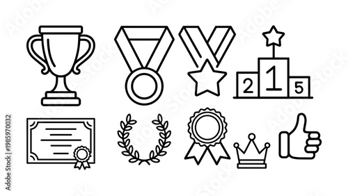 Vector illustration set design of achievement and award elements: classic trophy cup (front view), winner medal with ribbon, star badge, podium 1st place stand, laurel wreath, certificate with seal, r