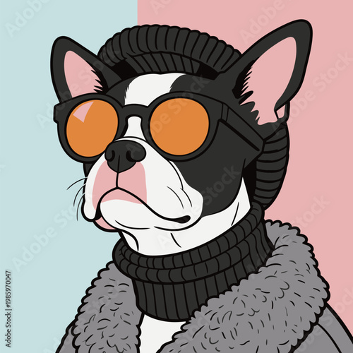 Stylish French Bulldog in Knit Beanie and Sunglasses