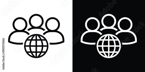 Modern vector icon of a team of individuals paired with a globe, signifying global workforce, international business relations, outsourcing, and worldwide communication networks.