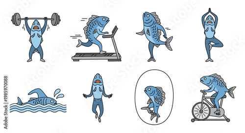 Cartoon fish exercising variety of workouts gym fitness health illustration