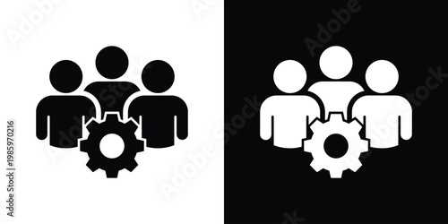 Professional flat vector icon featuring a team of people with a central gear, representing team management, technical support, workforce optimization, and collective industrial operations.