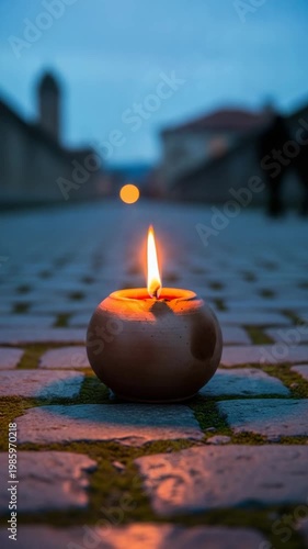 Small candle burning on a stone path at blue hour