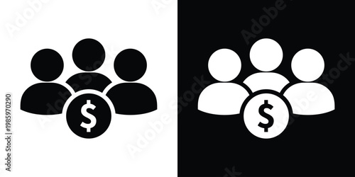 Minimalist vector illustration of three people silhouettes with a dollar sign coin, symbolizing human resources cost, payroll, investor group, or a collective financial team.
