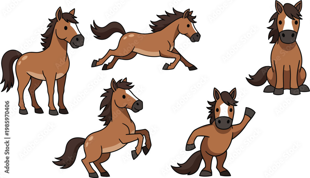Obraz premium Set of Cute Horse Cartoon Character Vector Illustration in Various Poses Running Jumping Sitting and Standing Brown Stallion 