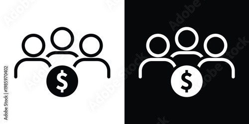Minimalist vector illustration of three people silhouettes with a dollar sign coin, symbolizing human resources cost, payroll, investor group, or a collective financial team.