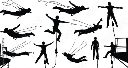 Bungee jumping silhouettes set with people falling and swinging, extreme sport activity, rope safety harness, adventure thrill, vector illustration collection