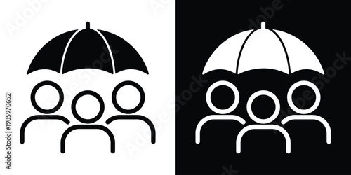 Minimalist vector graphic of people silhouettes under an umbrella, representing life insurance, group protection, safety, social security, and risk management concepts.