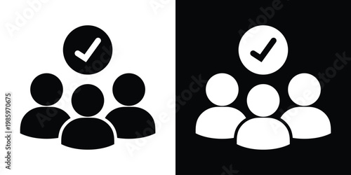 Clean vector icon featuring a team with a checkmark symbol, signifying group approval, verified team, successful recruitment, and collective task completion.