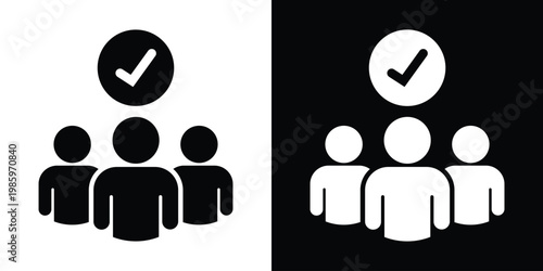 Clean vector icon featuring a team with a checkmark symbol, signifying group approval, verified team, successful recruitment, and collective task completion.