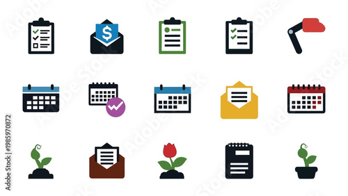 Photos A Collection of Icons: A dynamic assemblage of colorful icons representing various aspects of productivity, communication, and growth