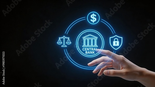Hand interacting with central bank digital icons