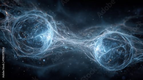 エネルギーで繋がる2つの青いクリスタル球体と細胞のような構造