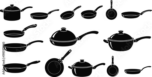 Cookware silhouettes collection with frying pans and pots, kitchen utensils, cooking equipment, home kitchen tools, culinary set, vector illustration