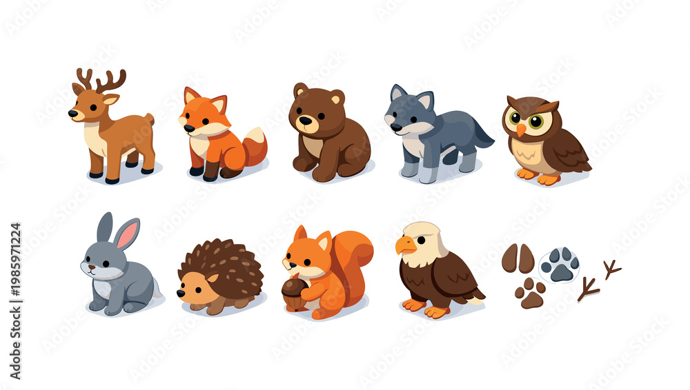 Naklejka premium Collection of cute cartoon forest animals and paw prints in a simple isometric style