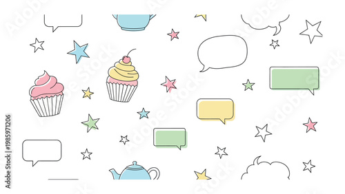 Whimsical Dessert Delight: A charming, hand-drawn arrangement features delectable cupcakes, sparkling stars, and whimsical speech bubbles, inviting playful communication.