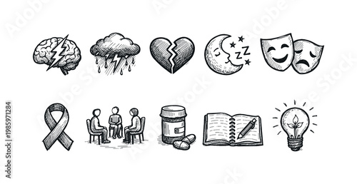 Collection support  hand-drawn icons.  Mental health challenges icons