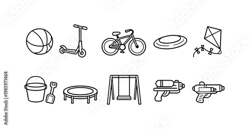 Collection of simple line art icons representing outdoor toys and activities