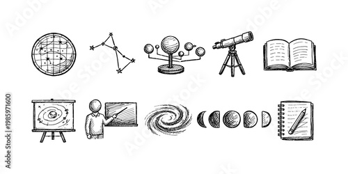 Collection of hand-drawn astronomy and science education icons for learning