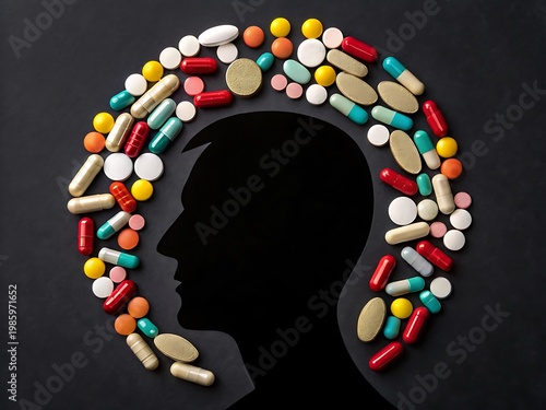 Human Head Silhouette Surrounded by Colorful Pills and Capsules brain profile